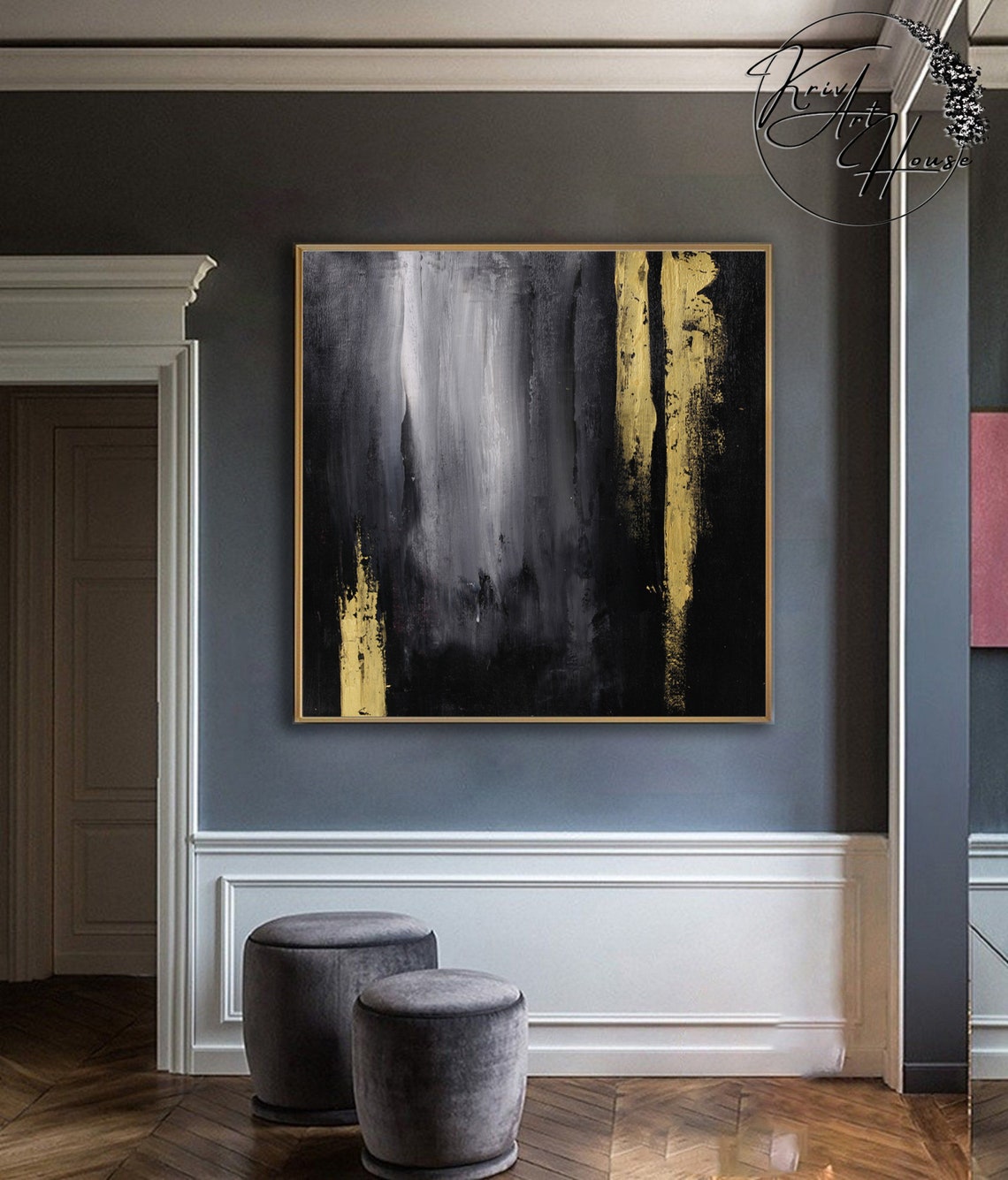 Black Gold Vertical Stripe Modern Abstract Painting Luxury Wall Poster - Image 3