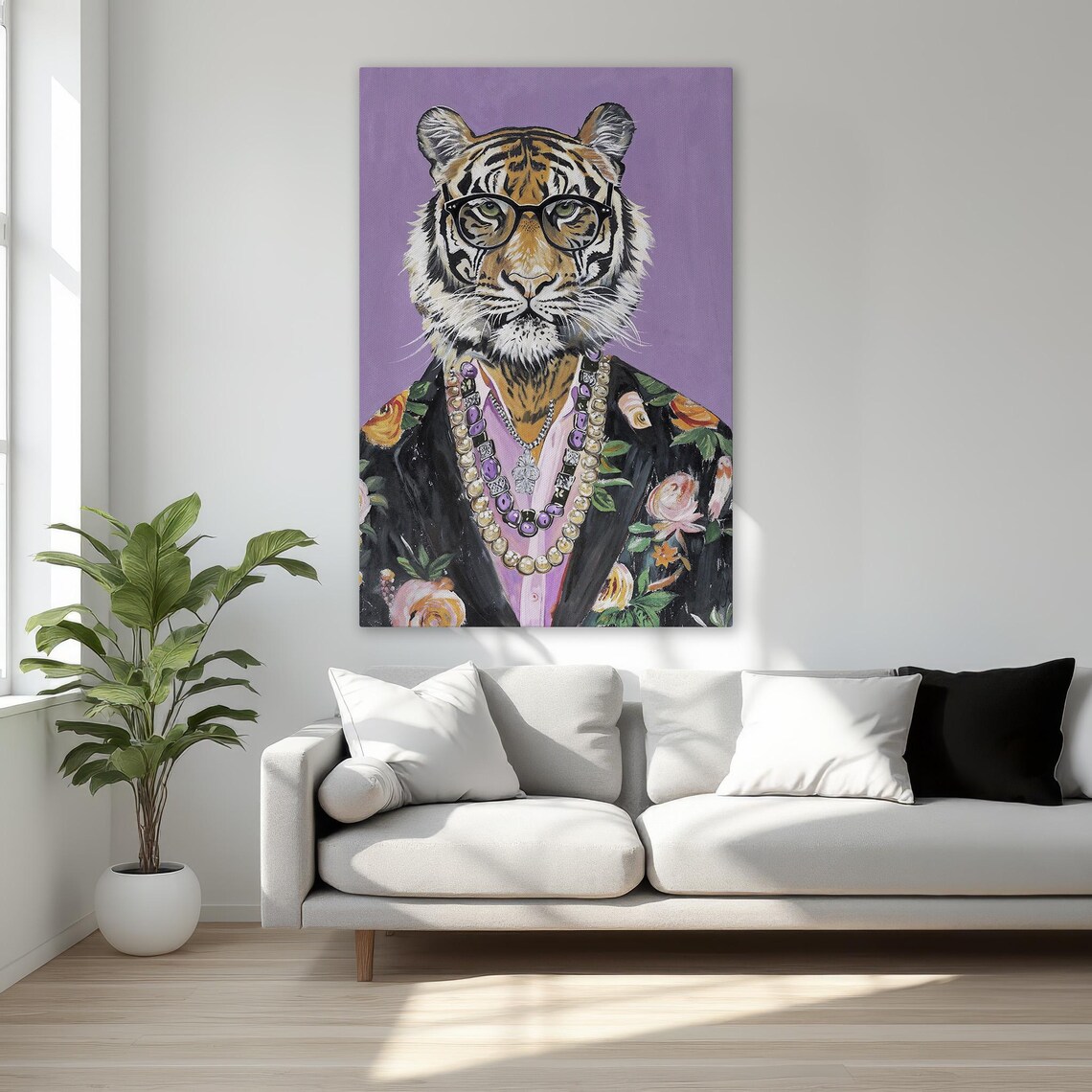 Tiger in Glasses and Floral Jacket Funny Maximalist Portrait Print