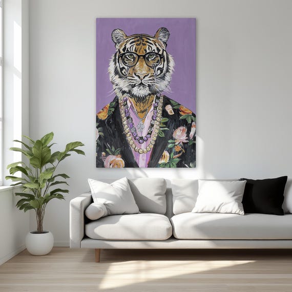 Surreal Tiger Maximalist Art Framed Canvas Print Colorful Animal Portrait Vibrant Design Funny Wall Decor Gift For Home Ready To Hang