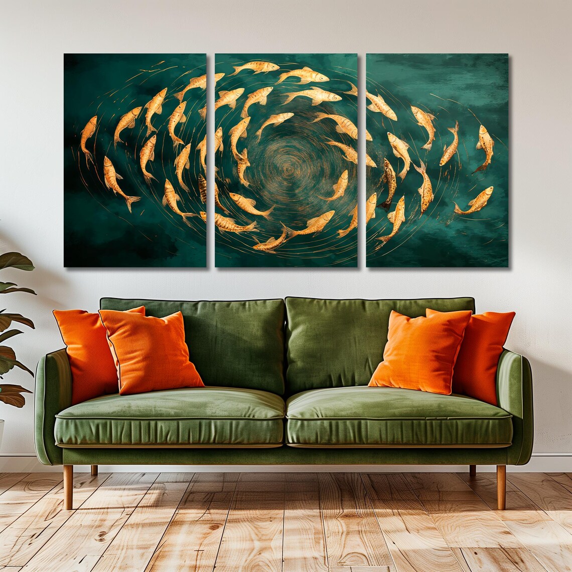 School Of Golden Fish Swirling On Deep Teal Water Art Poster - Image 5