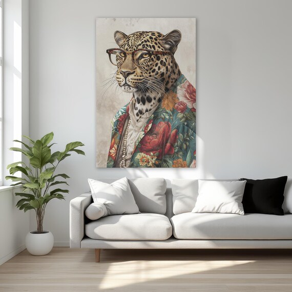 Chic Leopard in Glasses Floral Kimono Pearl Necklace Art Poster
