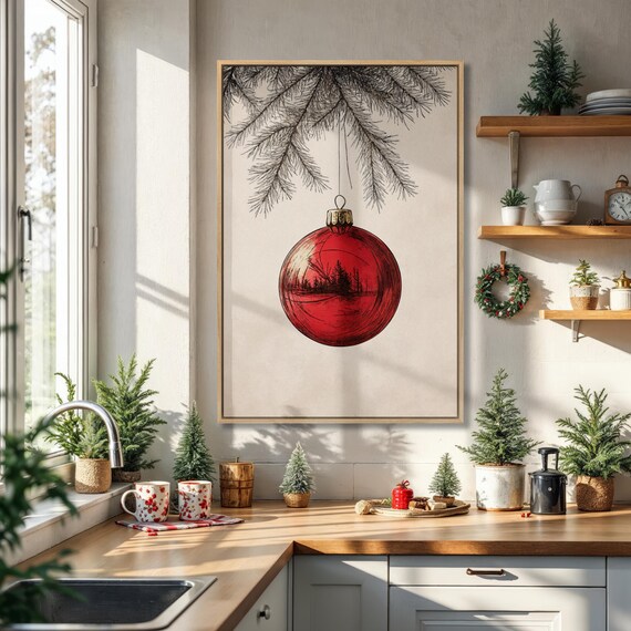 Red Christmas Ornament Hanging From Pine Branch Sketch Poster