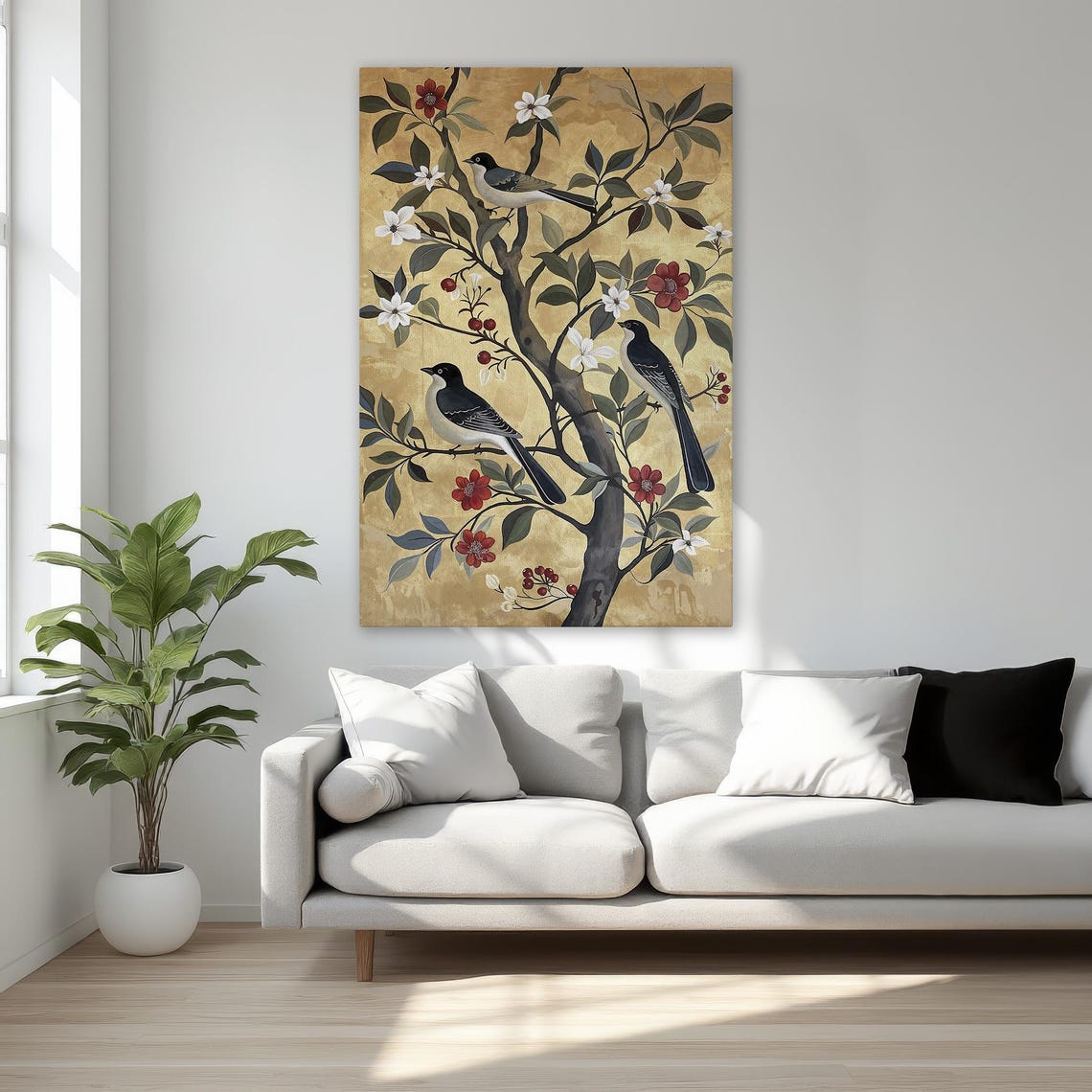 Three Birds on Blooming Tree Red Blossoms Gold Botanical Poster