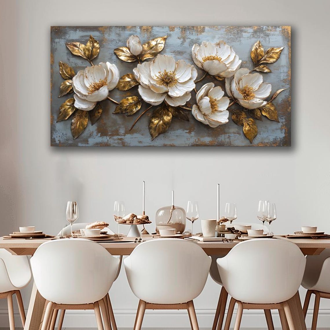 White Flowers With Gold Leaves Textured Relief Botanical Poster - Image 2