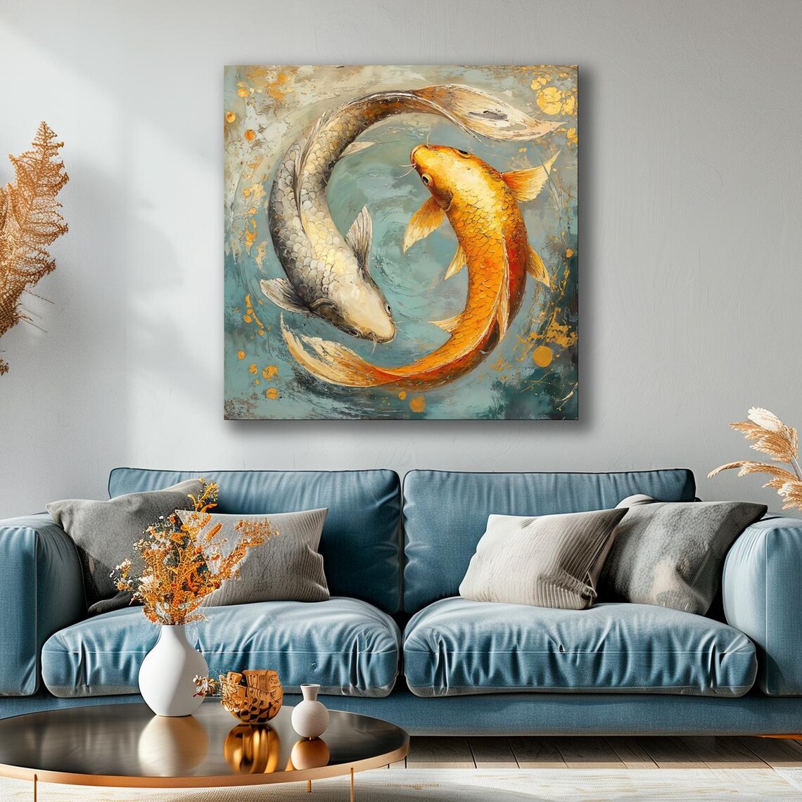 Yin Yang Koi Fish Pair Golden Orange Silver Painting Feng Shui Poster - Image 4