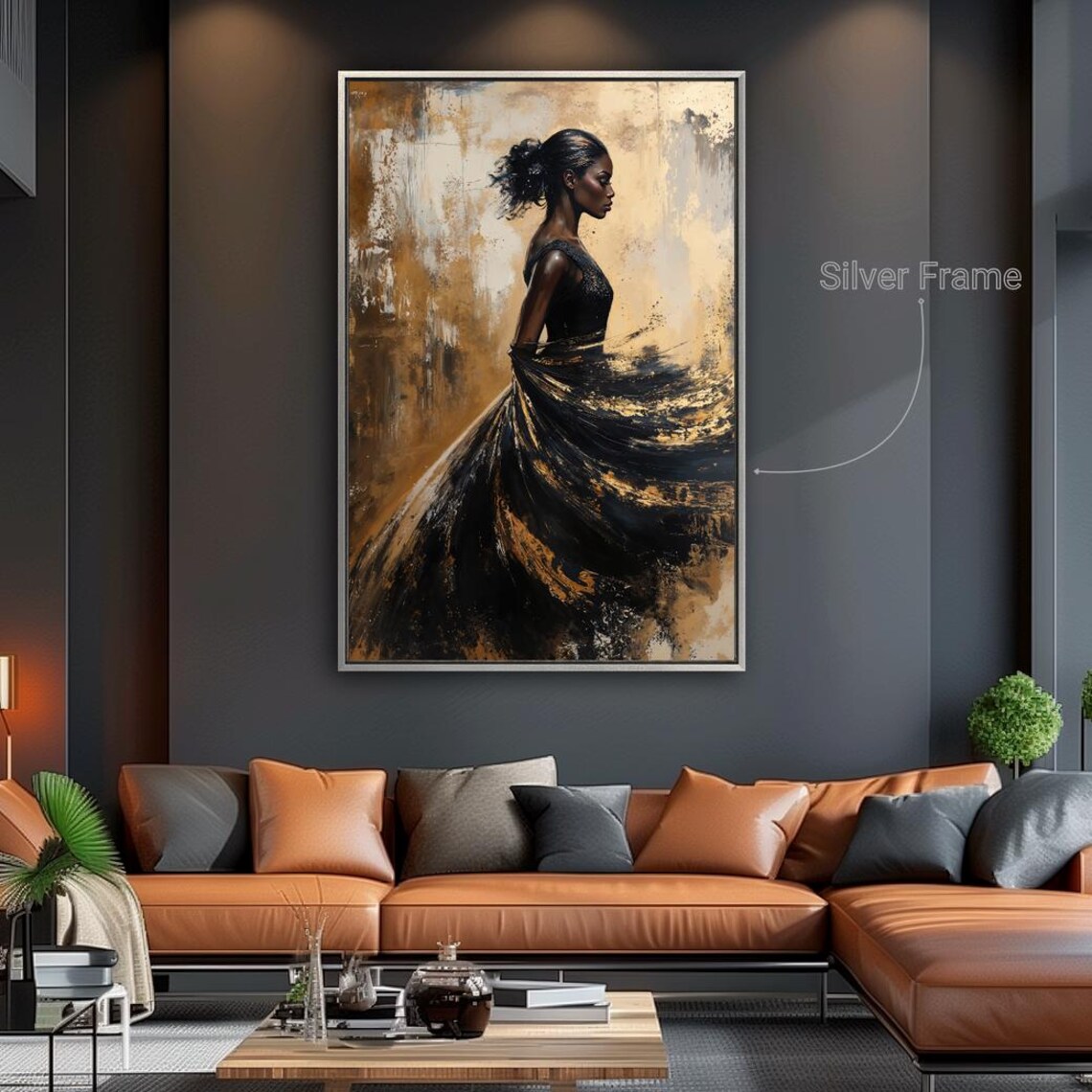 Woman In Flowing Black Gold Dress Profile Elegant Fashion Wall Art Print - Image 5
