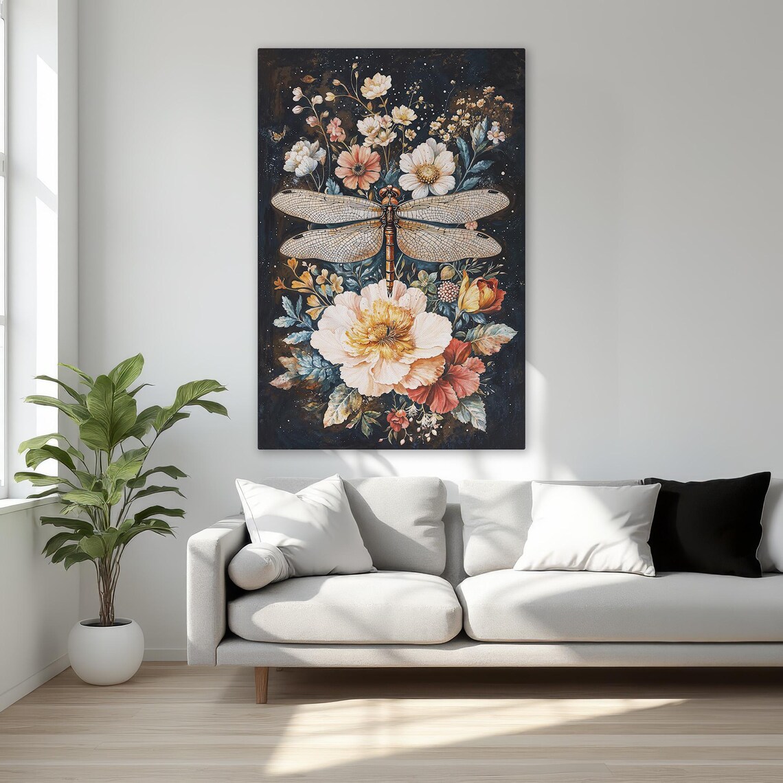 Elegant Dragonfly Peonies Dark Moody Botanical Floral Art Poster