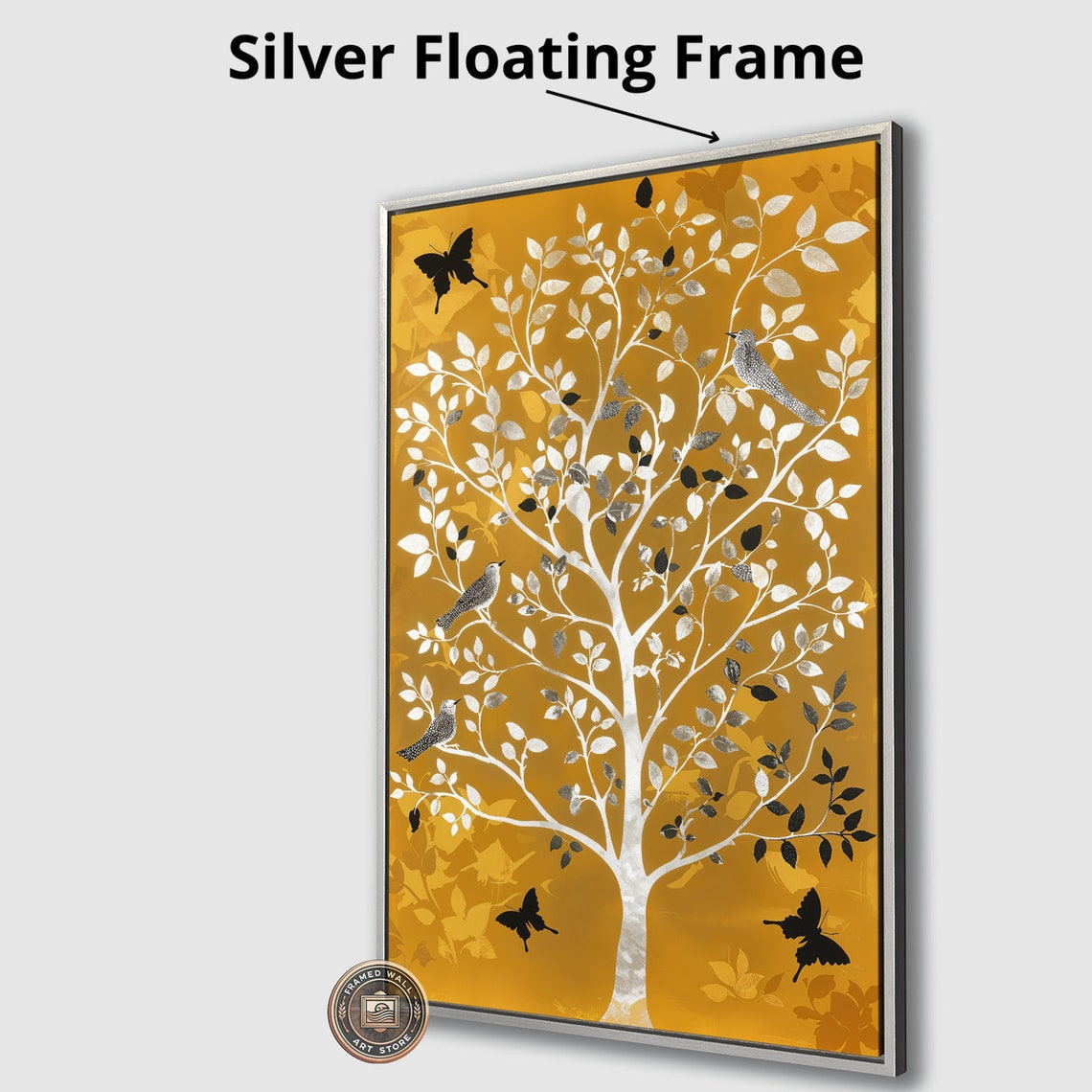 White Tree Black Butterflies Birds Golden Background Nature Art Poster - Image 3