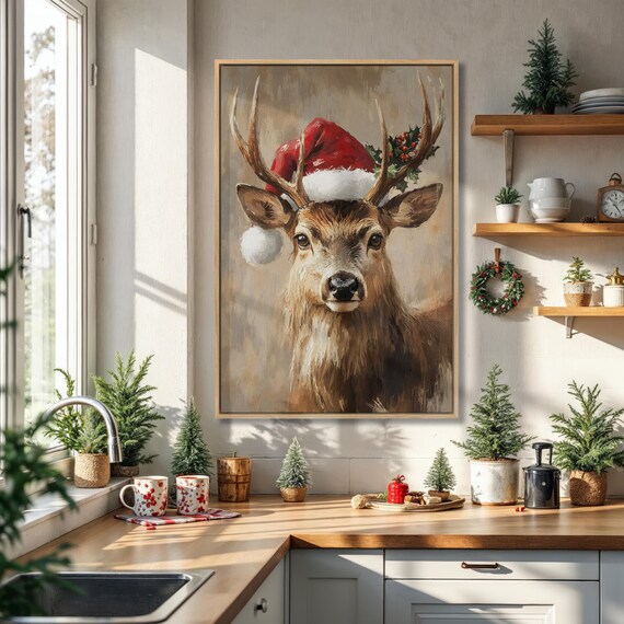 Majestic Stag in a Santa Hat Festive Christmas Reindeer Portrait Poster