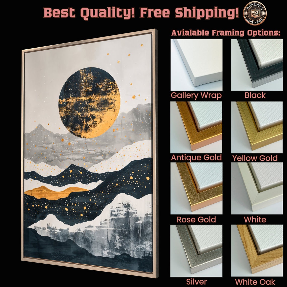 Golden Full Moon Over Layered Midnight Mountains Abstract Poster - Image 5