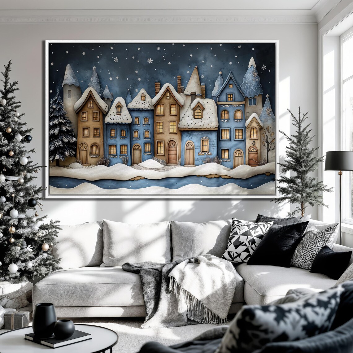 Christmas Town Framed Wall Art Festive Street Painting Print Blue Beige Snowy Houses Poster Winter Holiday Decor Gift Ready To Hang - Image 5