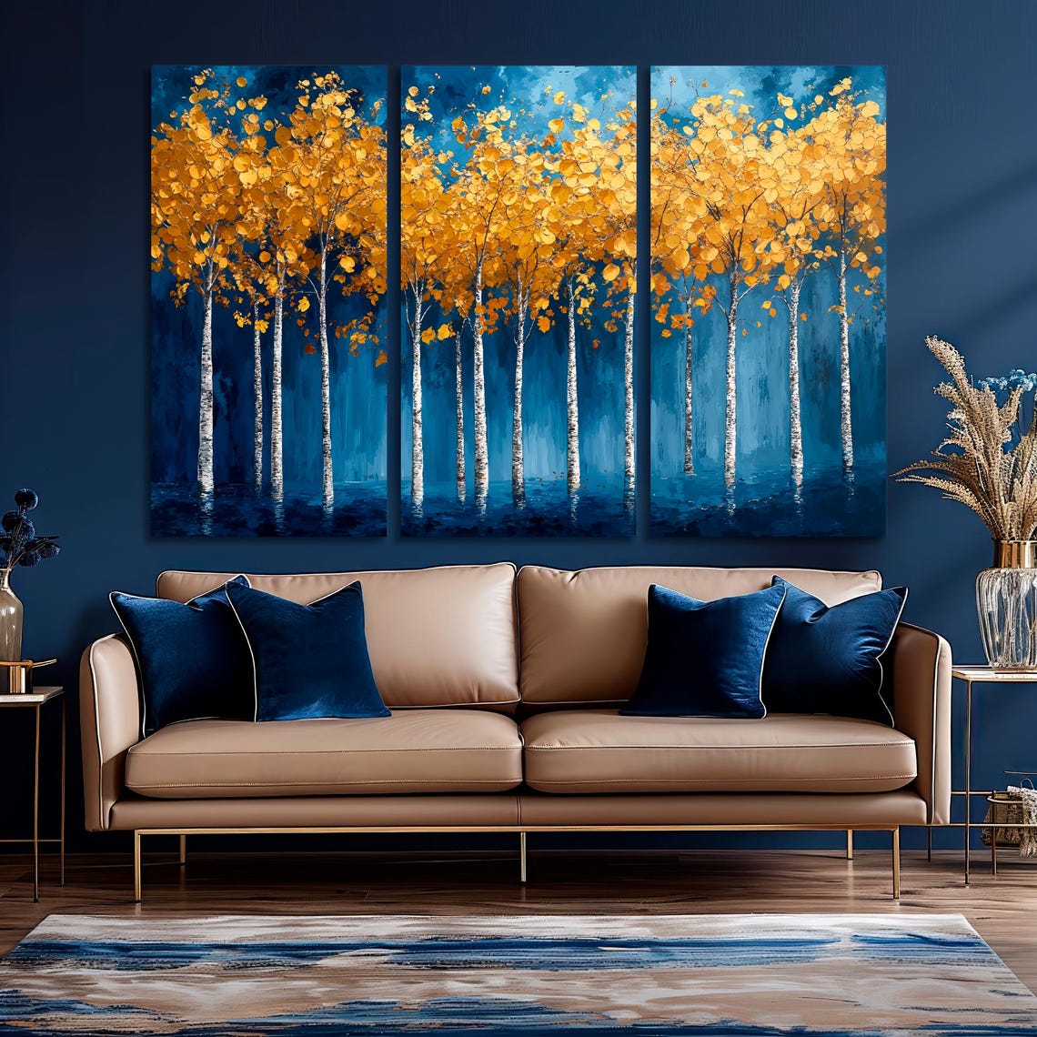 Golden Birch Trees Row Against Deep Blue Night Forest Poster - Image 5