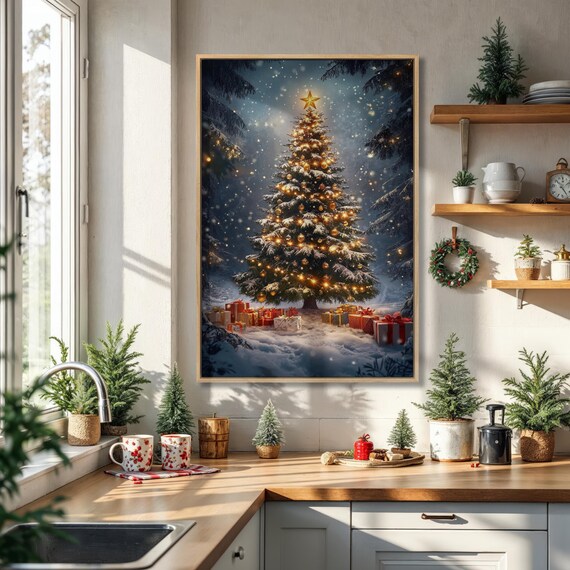 Glowing Christmas Tree in a Snowy Night Forest With Gifts Holiday Poster
