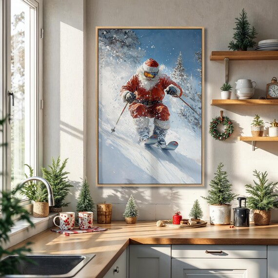 Santa Claus Skiing Down Snowy Mountain Christmas Painting Poster