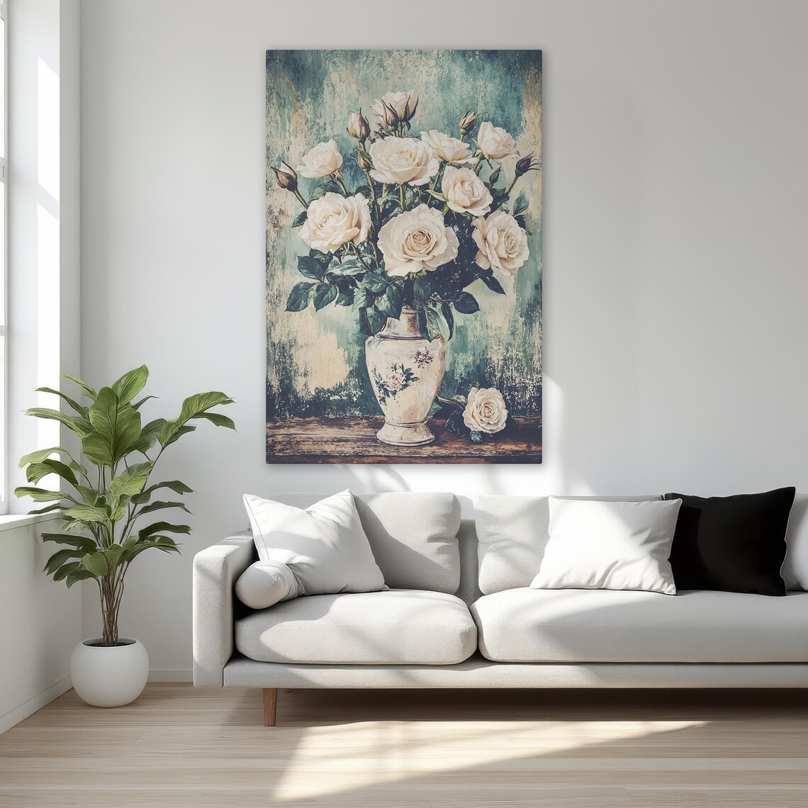 Vintage White Roses In Vase Classic Floral Still Life Poster