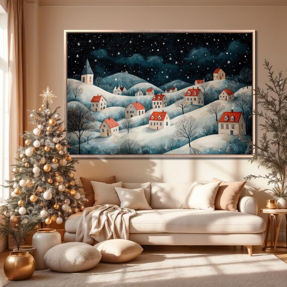 Starry Snowy Night Village Red Roof Cottages Winter Xmas Art Poster