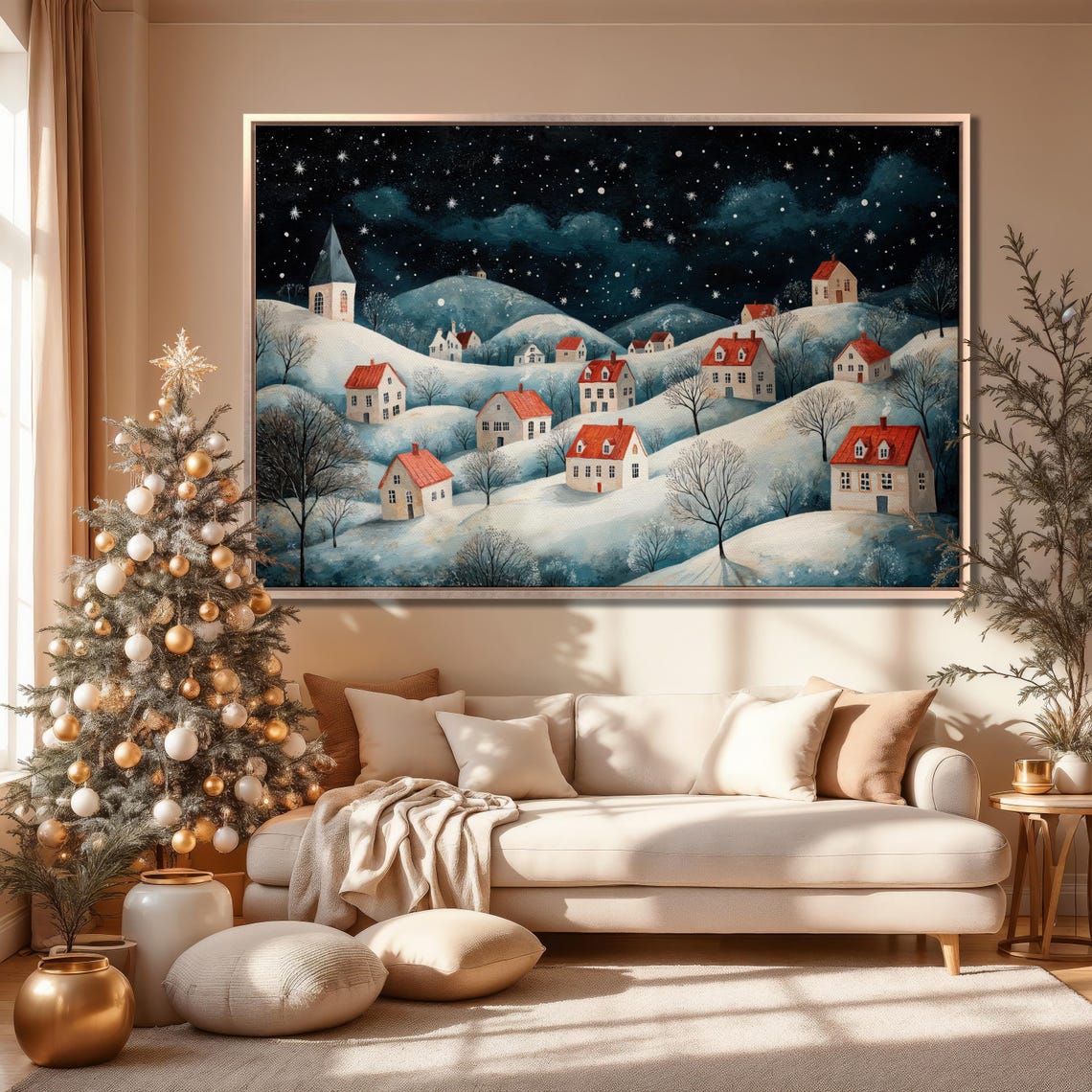 Starry Snowy Night Village Red Roof Cottages Winter Xmas Art Poster