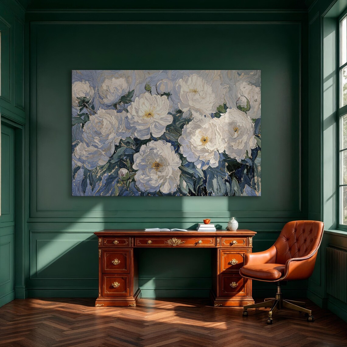 White Peony Blossoms Impressionist Floral Oil Painting Poster