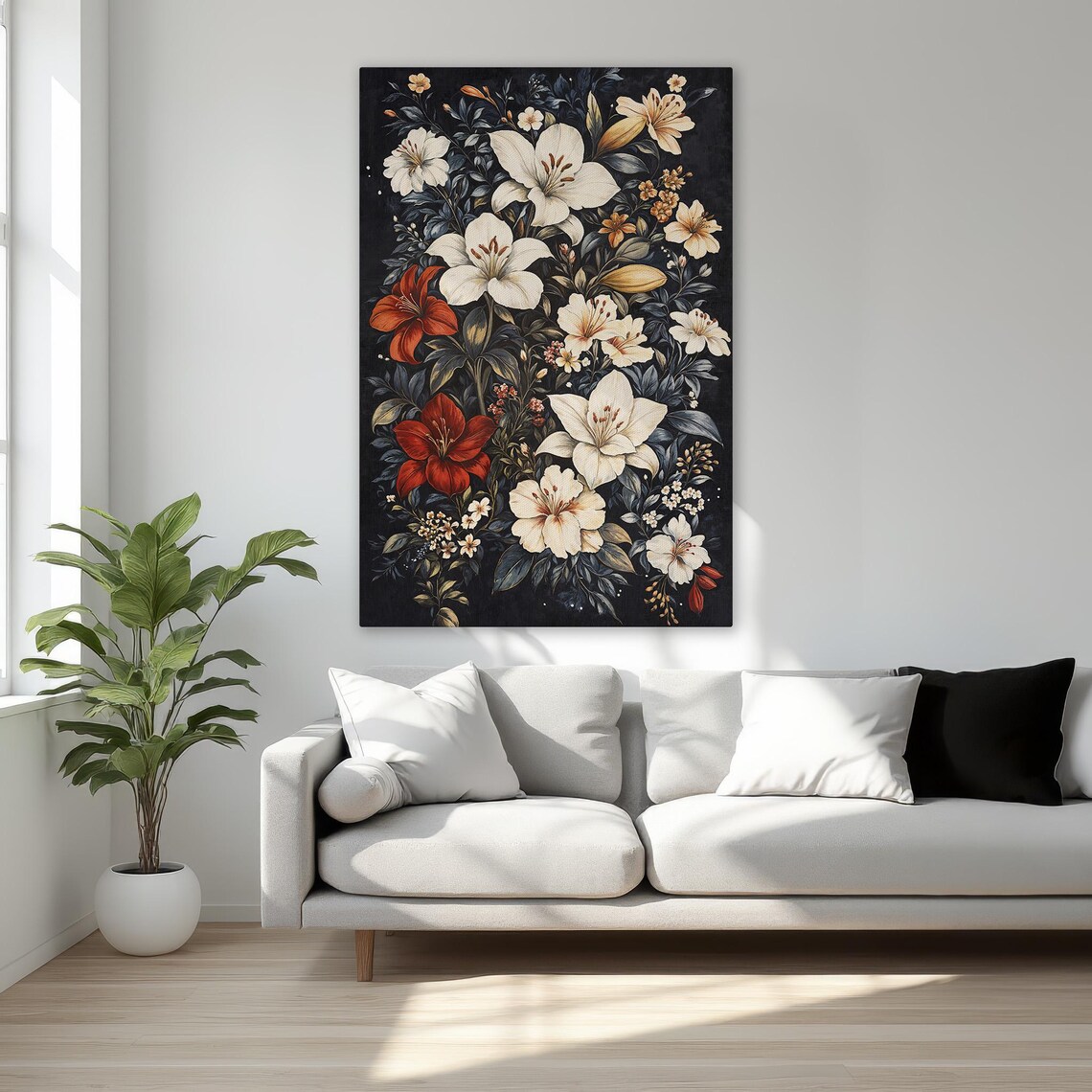 White and Crimson Lilies Dark Botanical Floral Canvas Art Poster