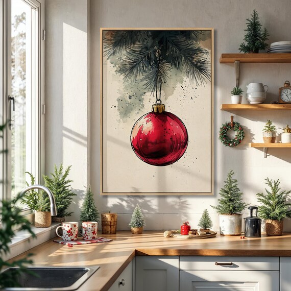 Red Christmas Bauble Ornament With Pine Branches Watercolor Poster