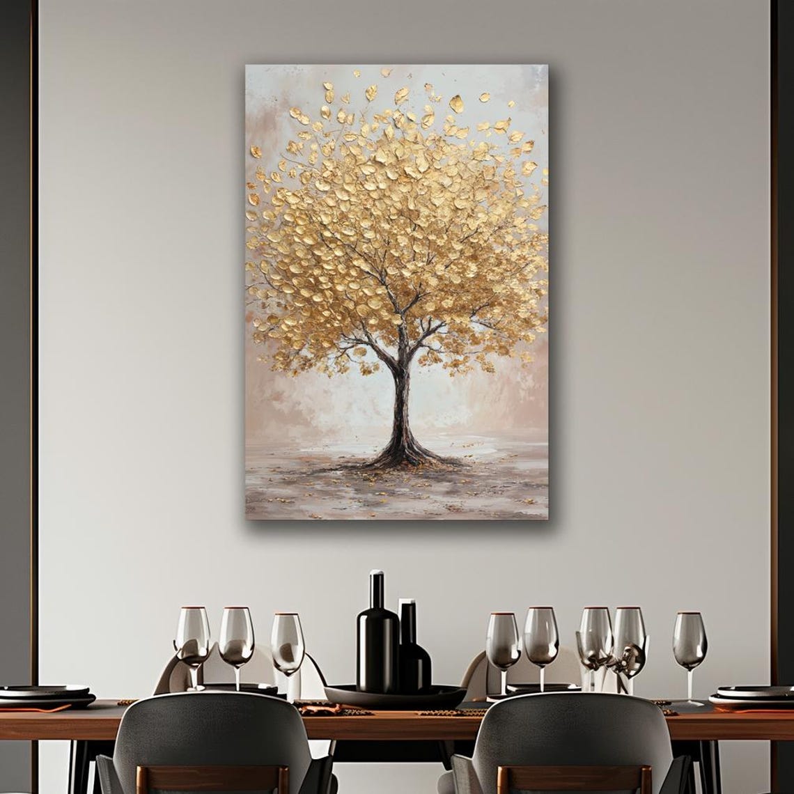 Graceful Golden Leaf Tree With Falling Leaves Neutral Wall Poster - Image 2