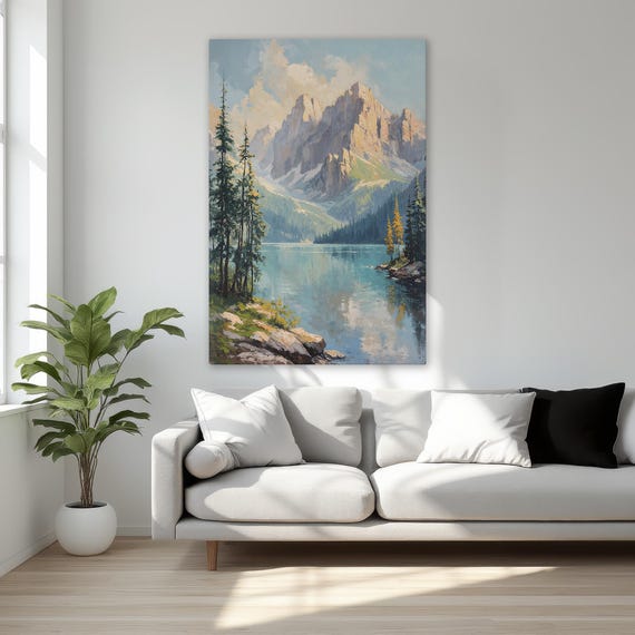 Majestic Landscape Of Mountains And Lake Framed Canvas Print Vibrant Natural Scenery Wall Art Wilderness Decor Ready To Hang
