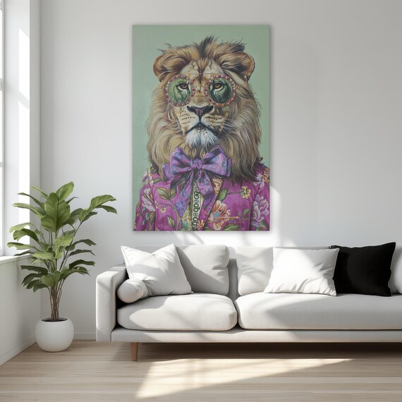 Colorful Lion In Pink Suit Fashionable Framed Canvas Print Vibrant Animal Art Stylish Portrait Wall Decor Ready To Hang