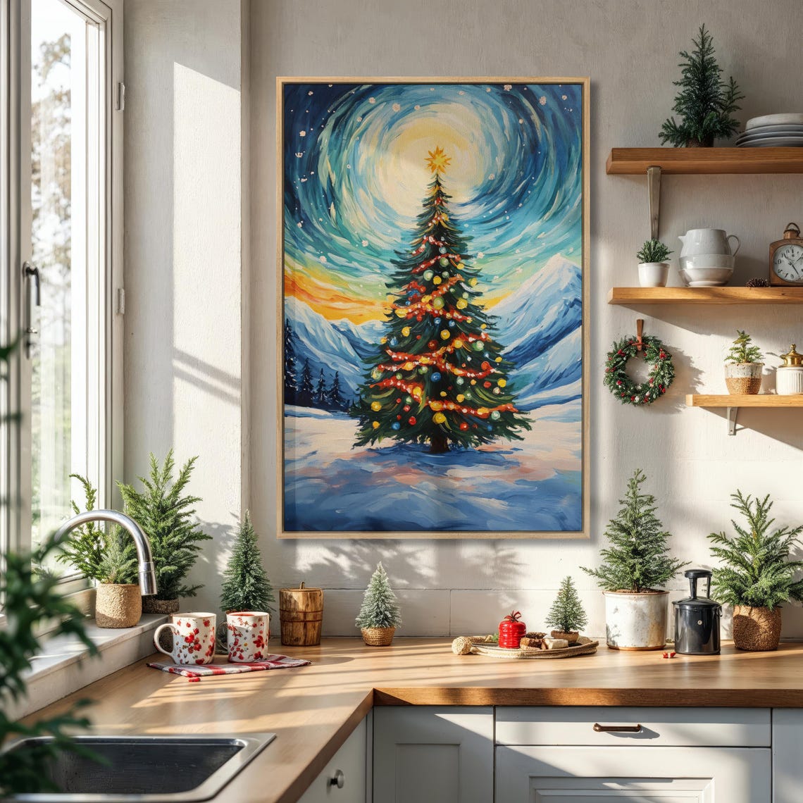 Decorated Christmas Tree Starry Night Sky Mountains Holiday Poster