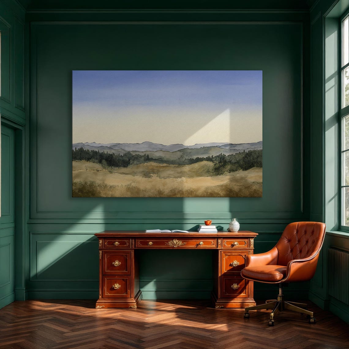 Mountain Valley Watercolor Poster With Layered Blue Peaks Fields