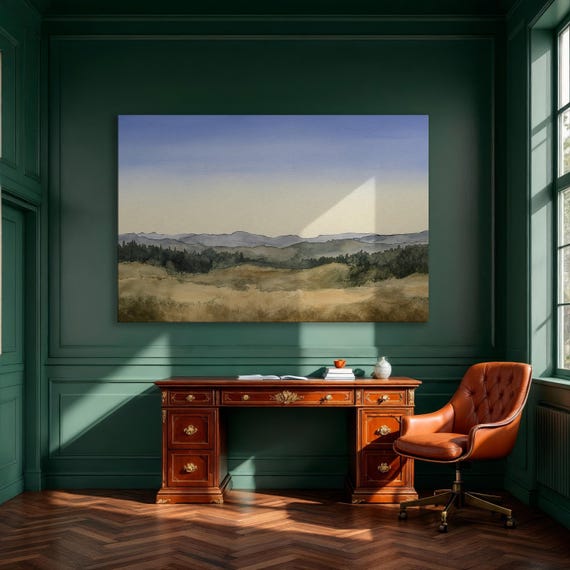 Mountain Landscape Watercolor Framed Canvas Print Minimalist Wall Art Serene Blue Sky And Field Scene Decor Ready To Hang