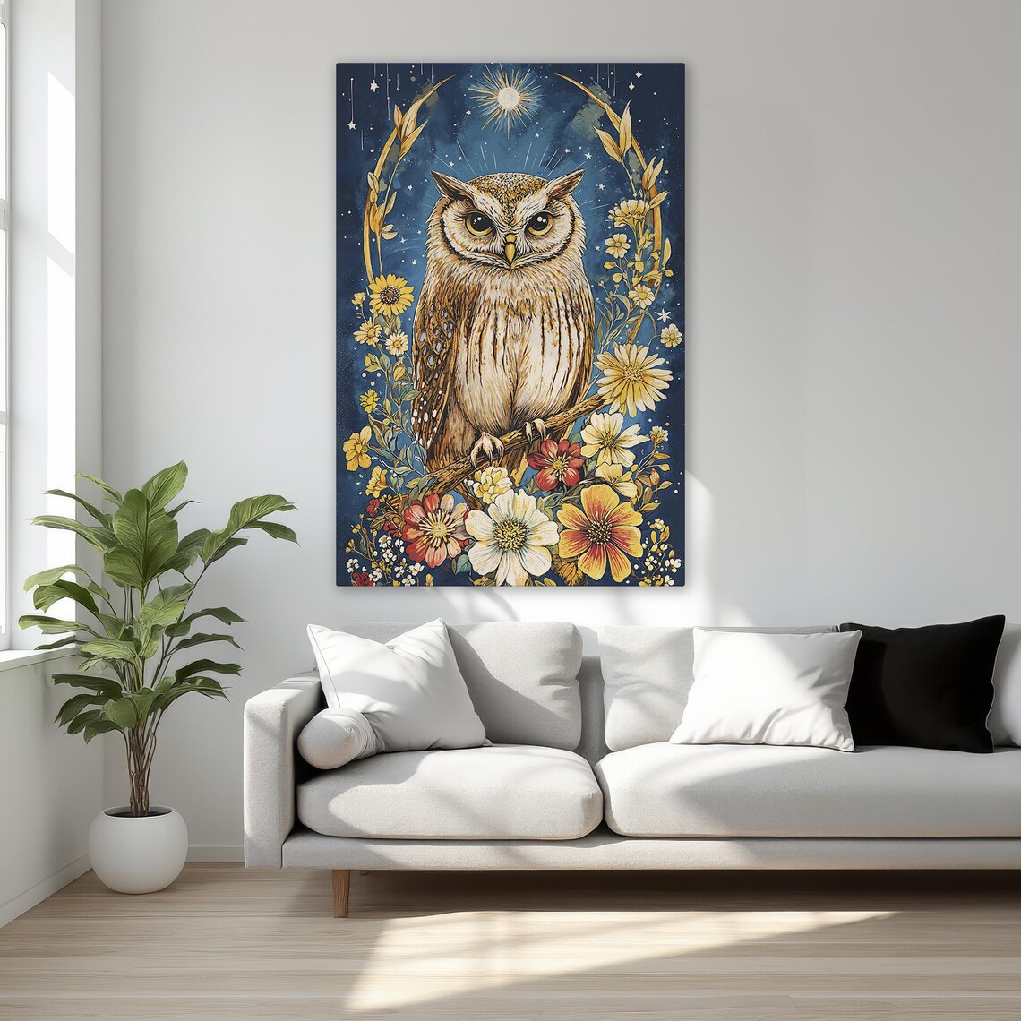 Fantasy Owl On Branch Flowers Starry Night Wildlife Art Poster