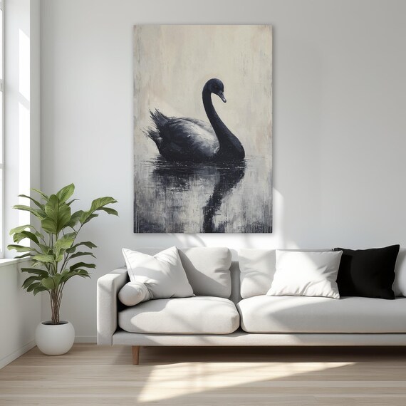 Black Swan Gliding On Still Water Moody Wildlife Painting Poster