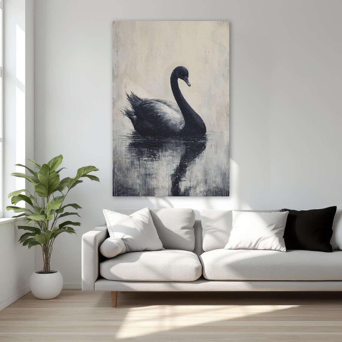 Black Swan Gliding On Still Water Moody Wildlife Painting Poster