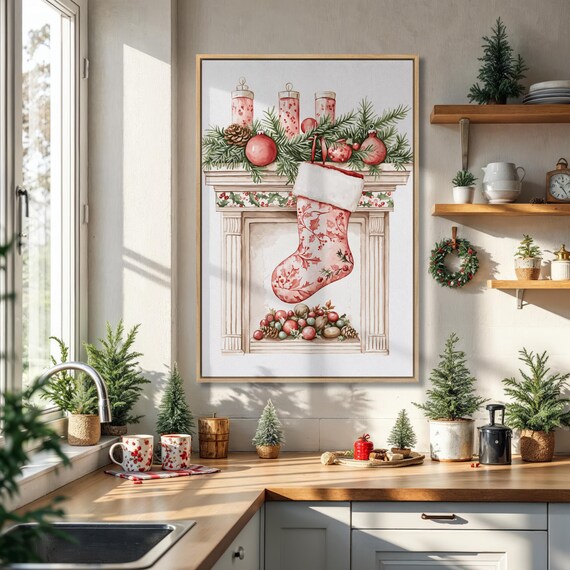 Christmas Stocking On Mantel Pine Ornaments Watercolor Poster