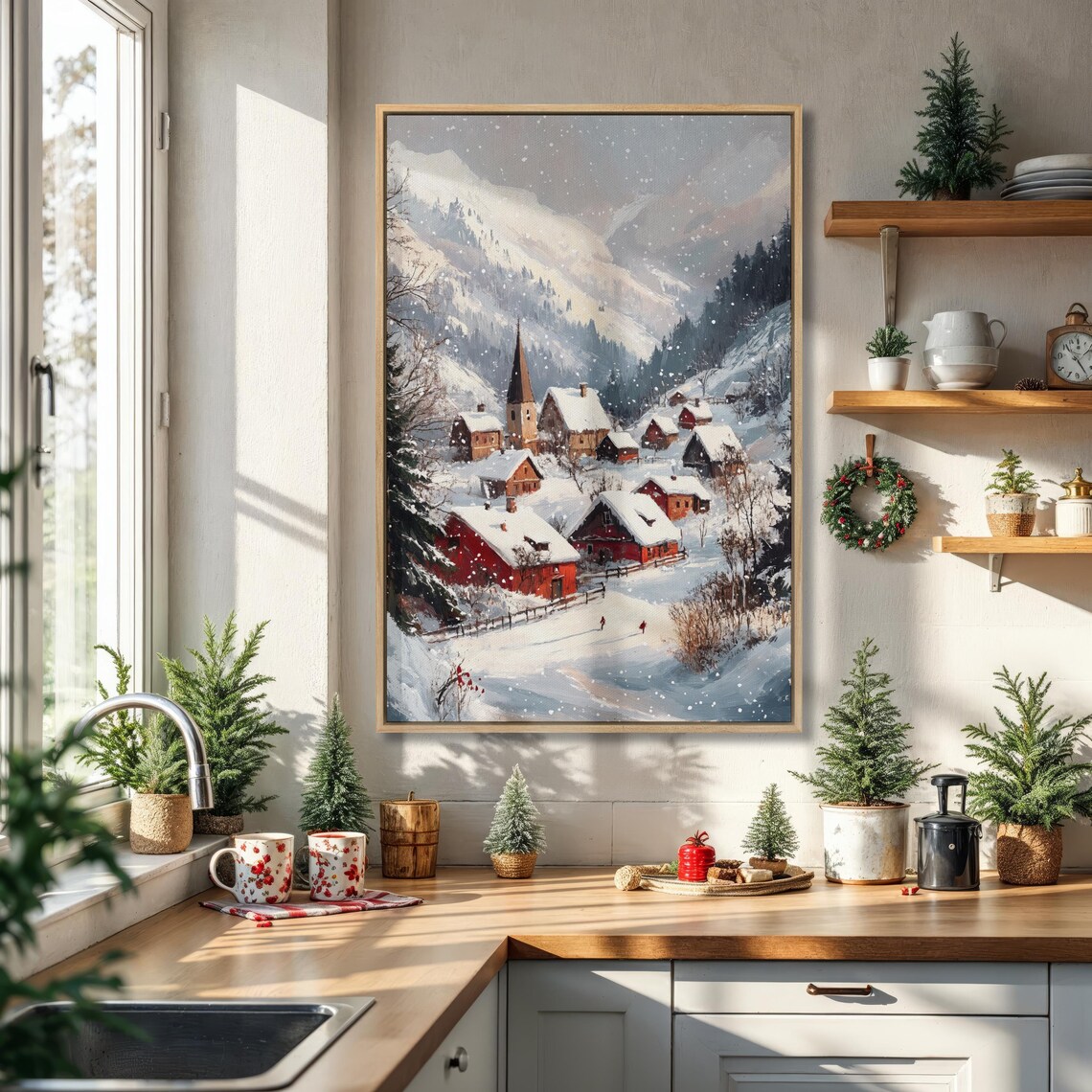 Snowy European Village Church Watercolor Christmas Holiday Poster