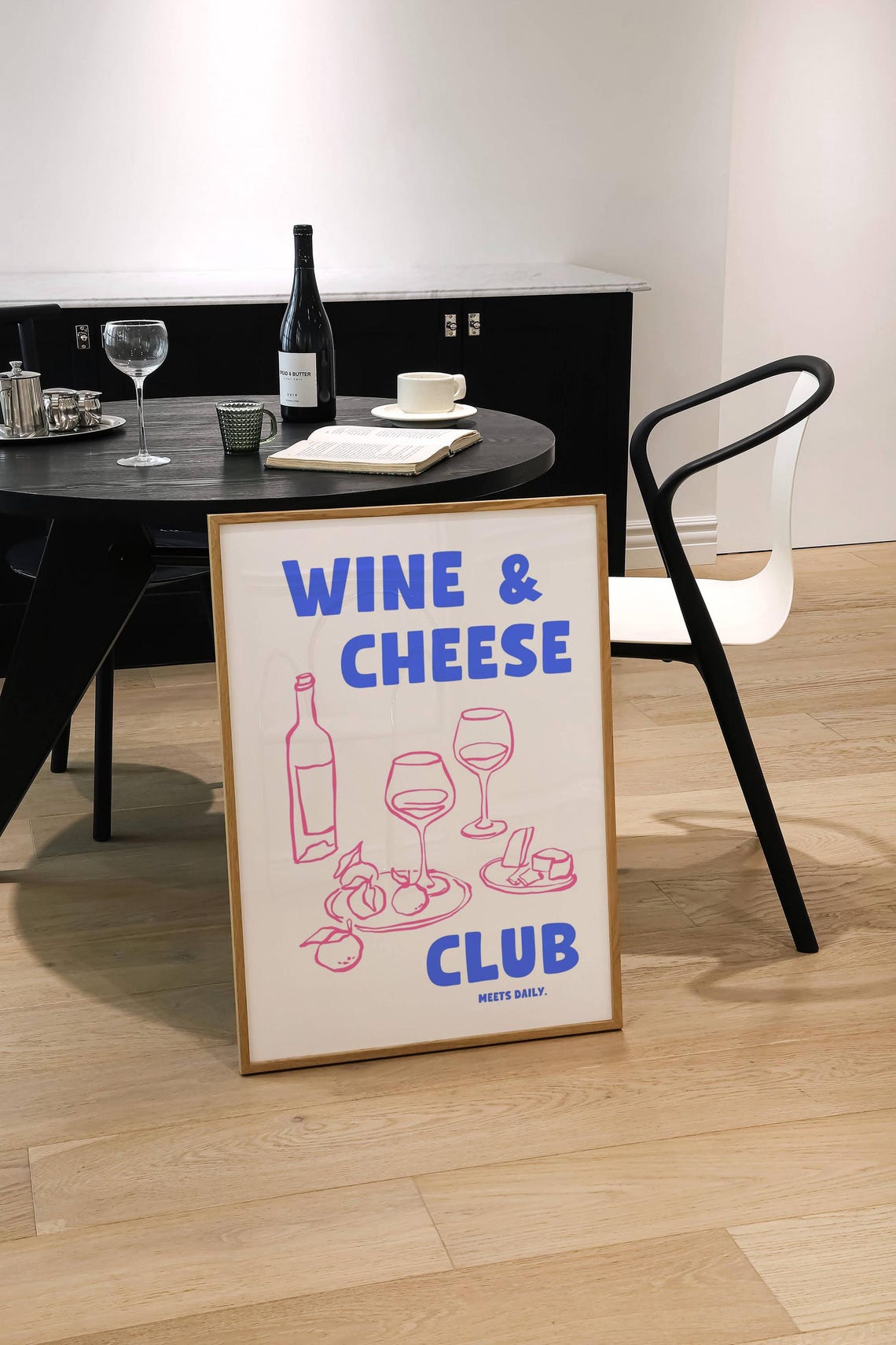 Wine and Cheese Club Fun Meets Daily Pink Line Art Kitchen Poster - Image 2