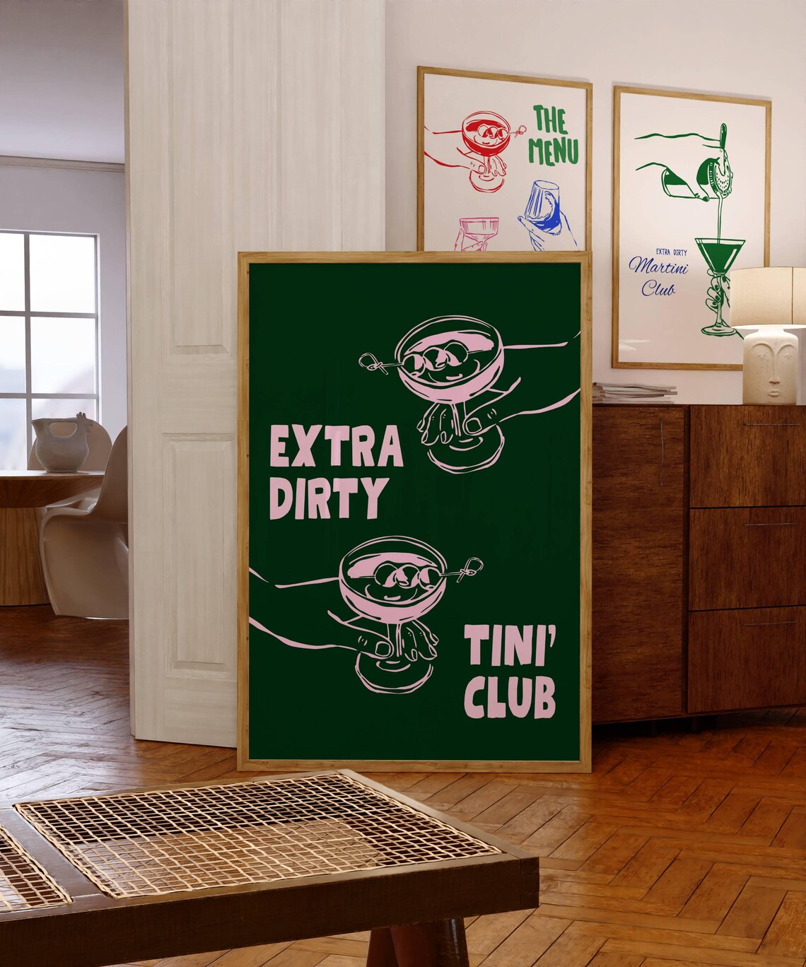 Extra Dirty Martini Club Green Cocktail Bar Cart Retro Drink Art Poster