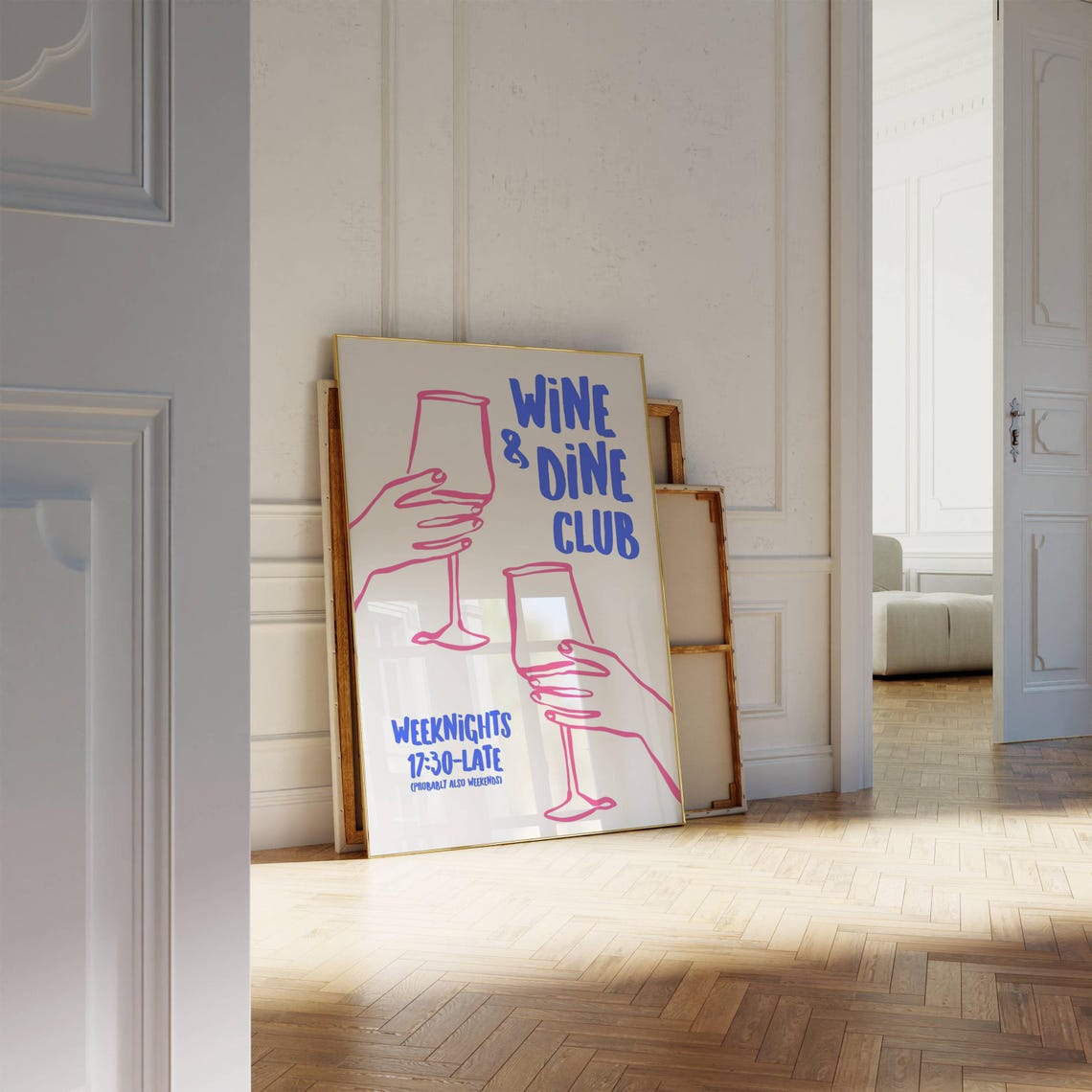 Wine and Dine Club Fun Pink Blue Line Art Weeknight Party Poster - Image 5