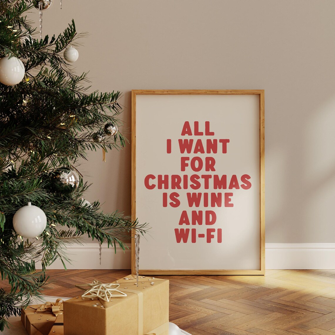 All I Want For Christmas Is Wine And Wi Fi Funny Red Typography Poster - Image 3