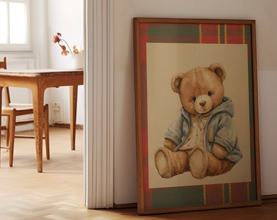 Vintage Teddy Bear Denim Jacket Cottagecore Nursery Decor Poster