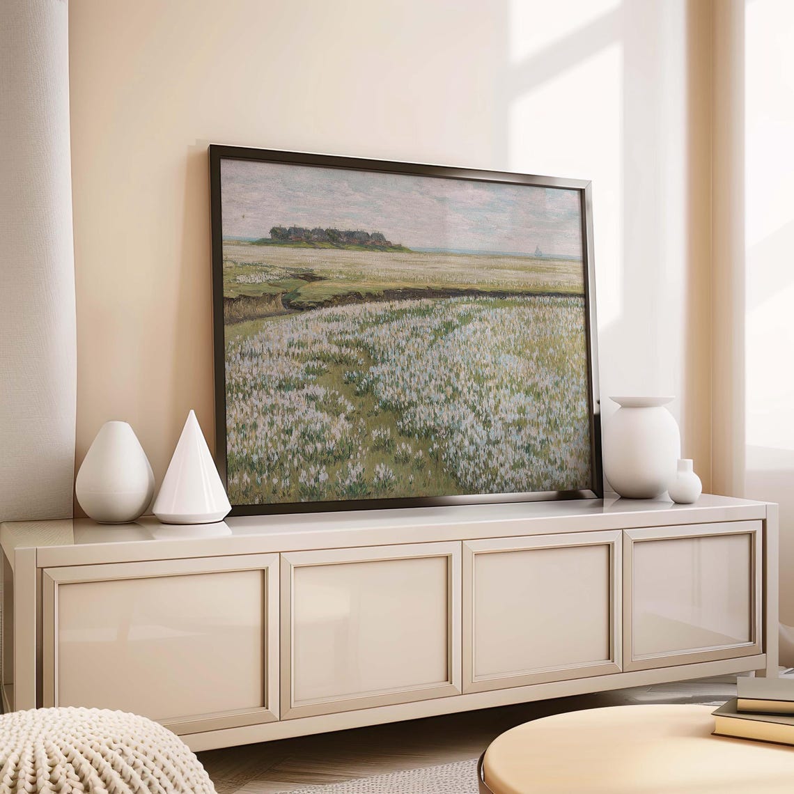 Vintage Landscape Oil Painting, Floral Field Scene - Image 4