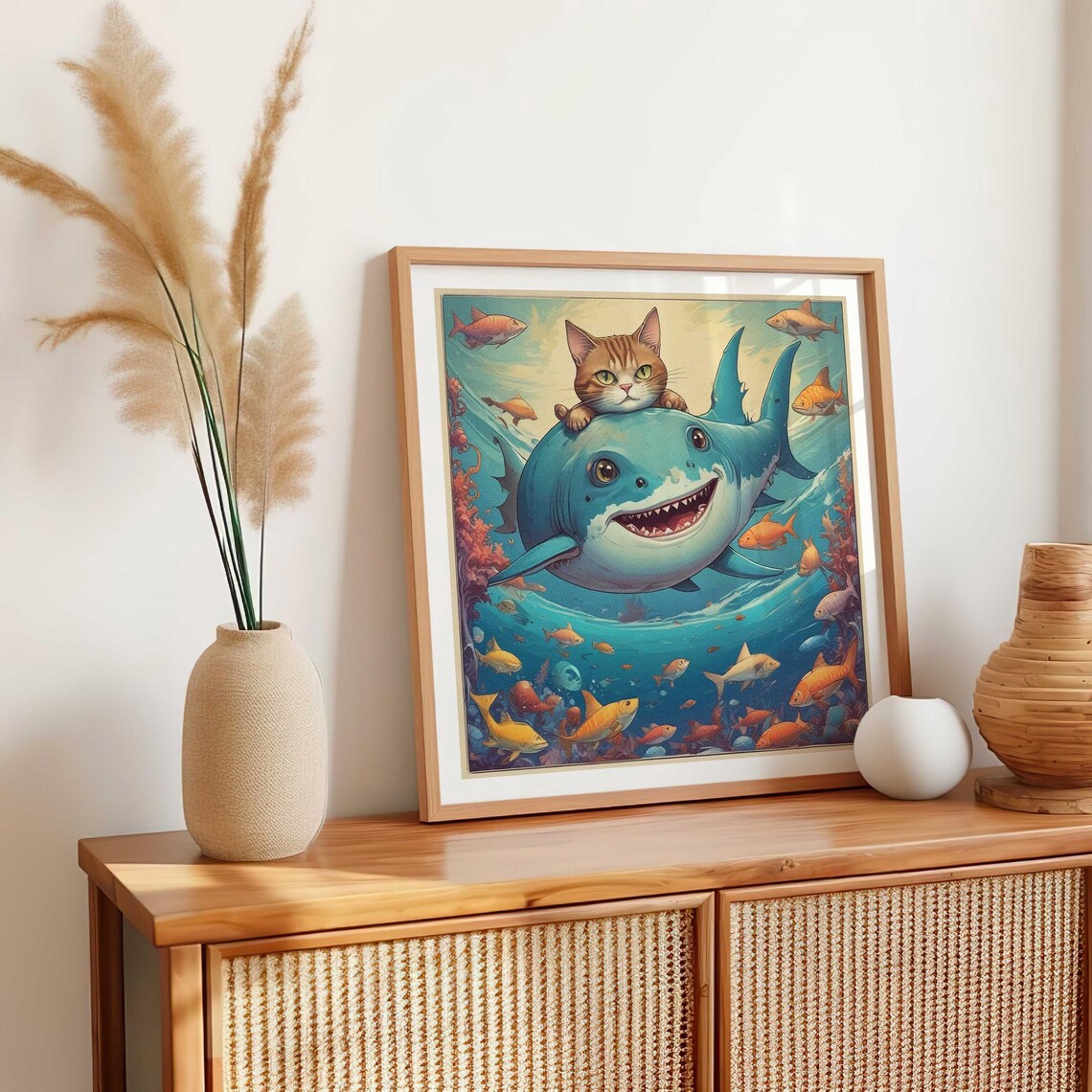 Cat Vs Shark, Vintage Painting Style Art Print - Image 4