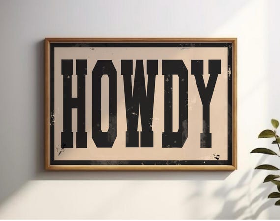 Howdy Typography Print Western Wall Art Vintage Cowboy Quote Poster Retro Black Beige Ranch Decor Modern Hallway