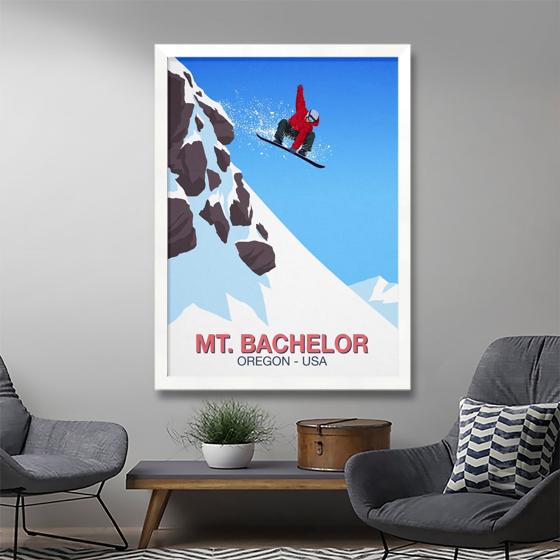 Mt Bachelor Snowboard Poster with Airborne Rider Oregon USA Peaks - Image 2