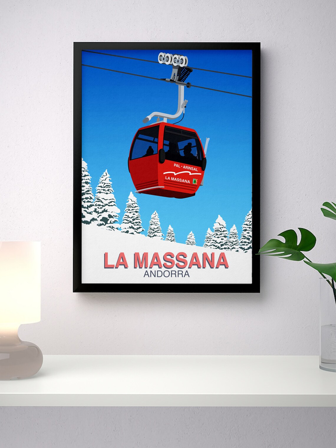 La Massana Andorra Red Gondola Pal Arinsal Cable Car Winter Ski Poster - Image 2