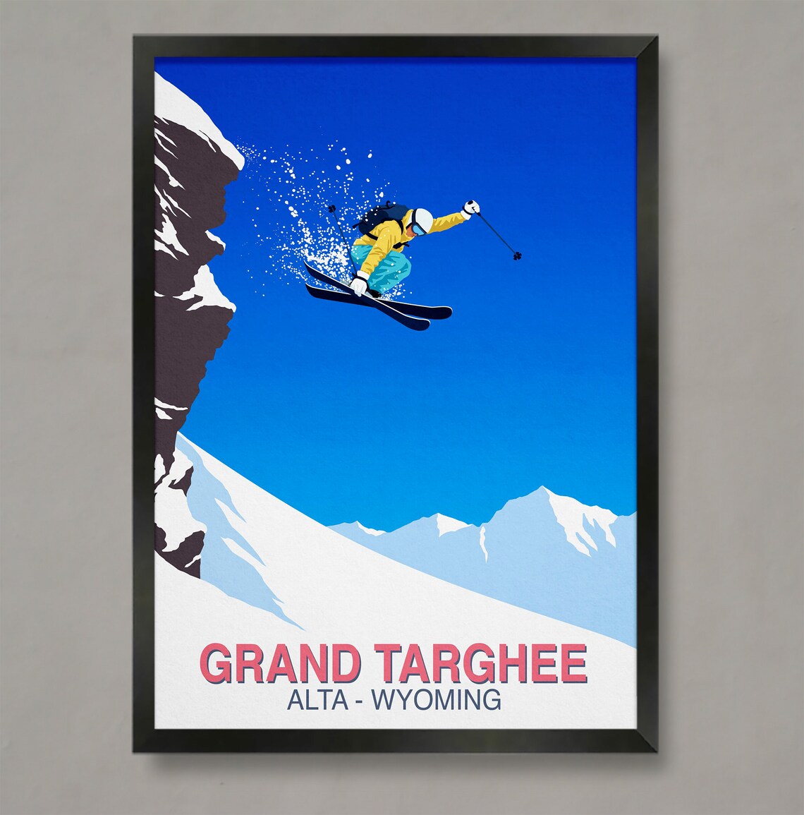 Grand Targhee Alta Wyoming Skier Cliff Jump Retro Ski Art Poster