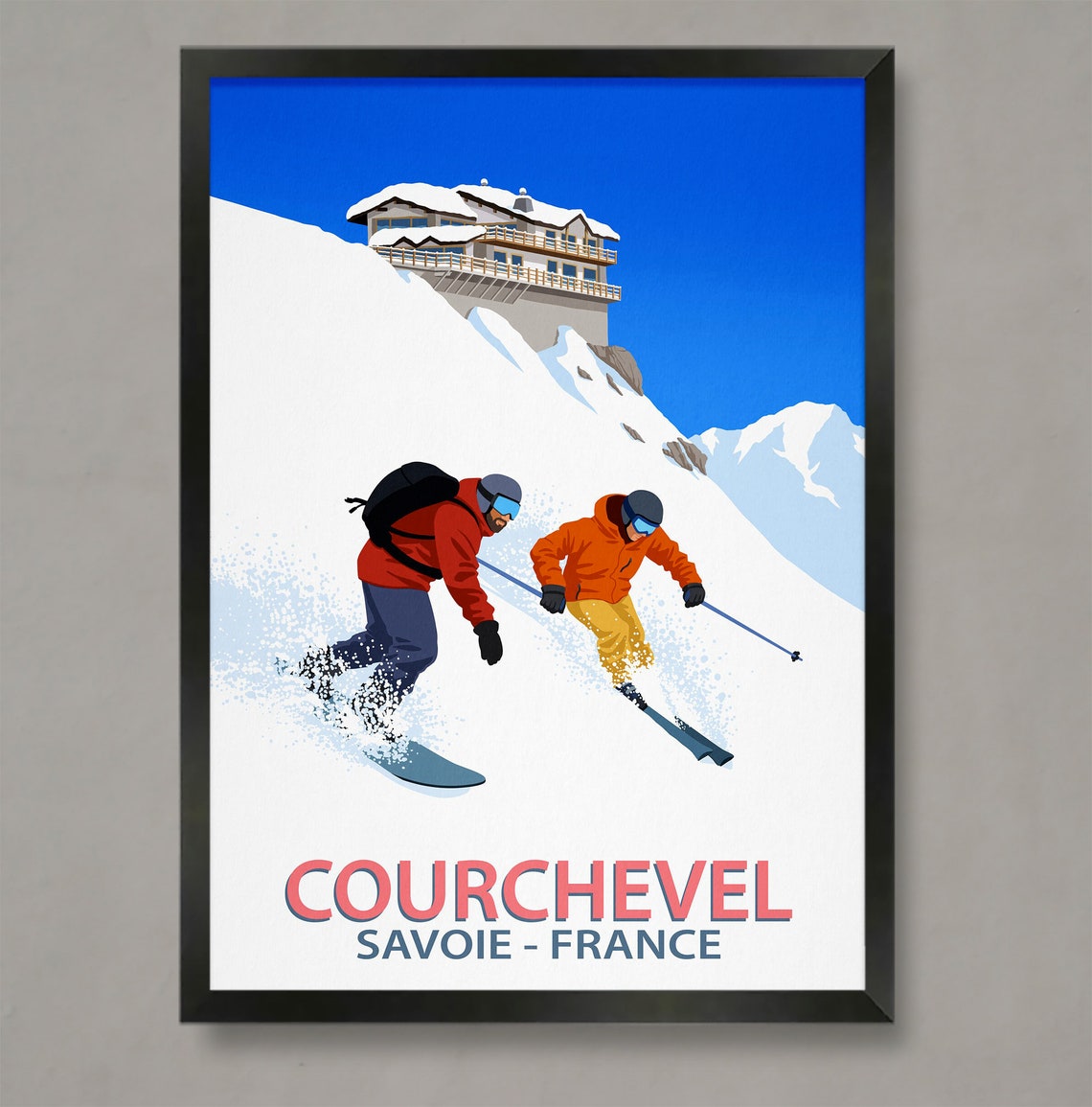 Courchevel Ski Poster with Skier and Snowboarder Chalet Savoie France