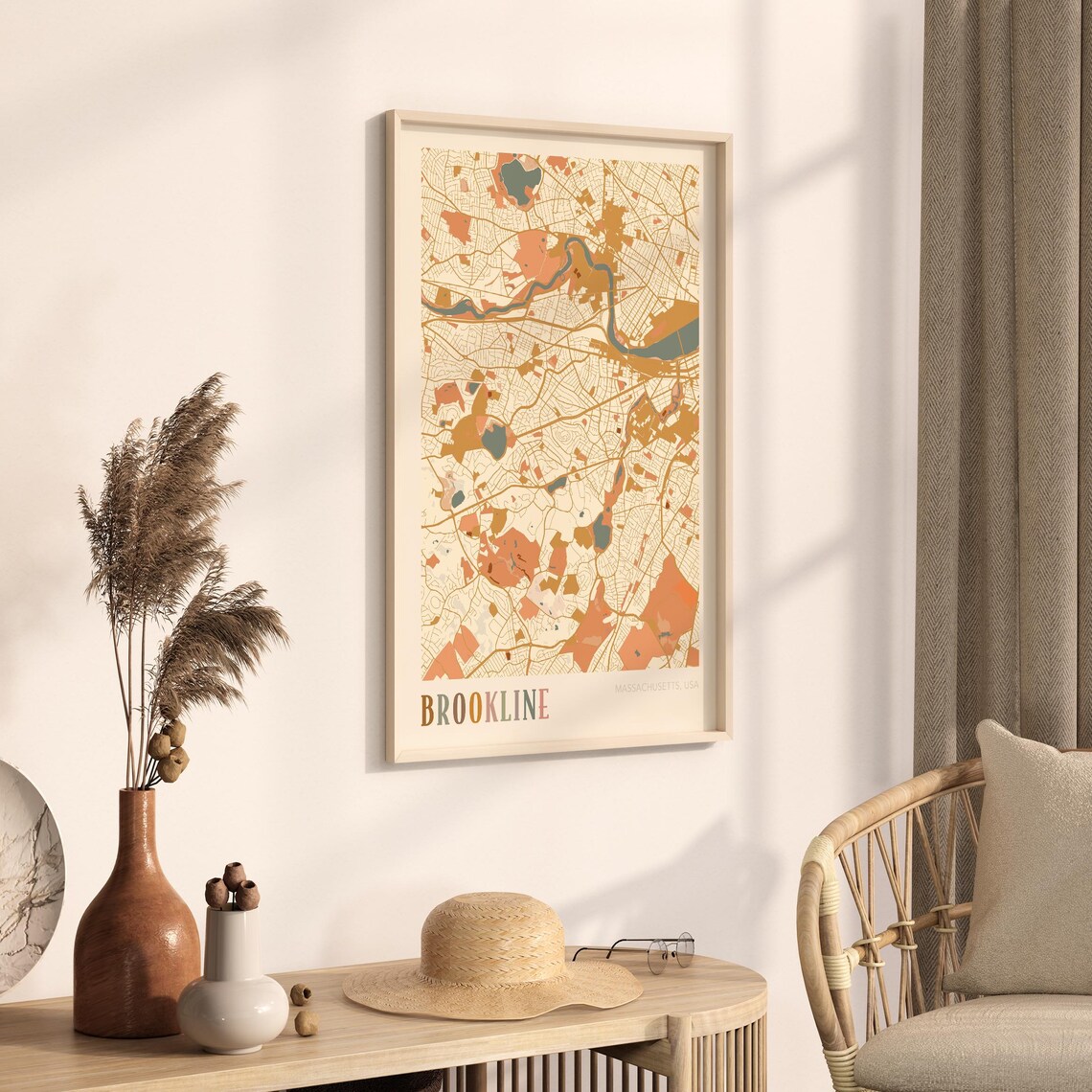 Brookline Massachusetts Modern Terracotta City Street Map Art Poster - Image 3