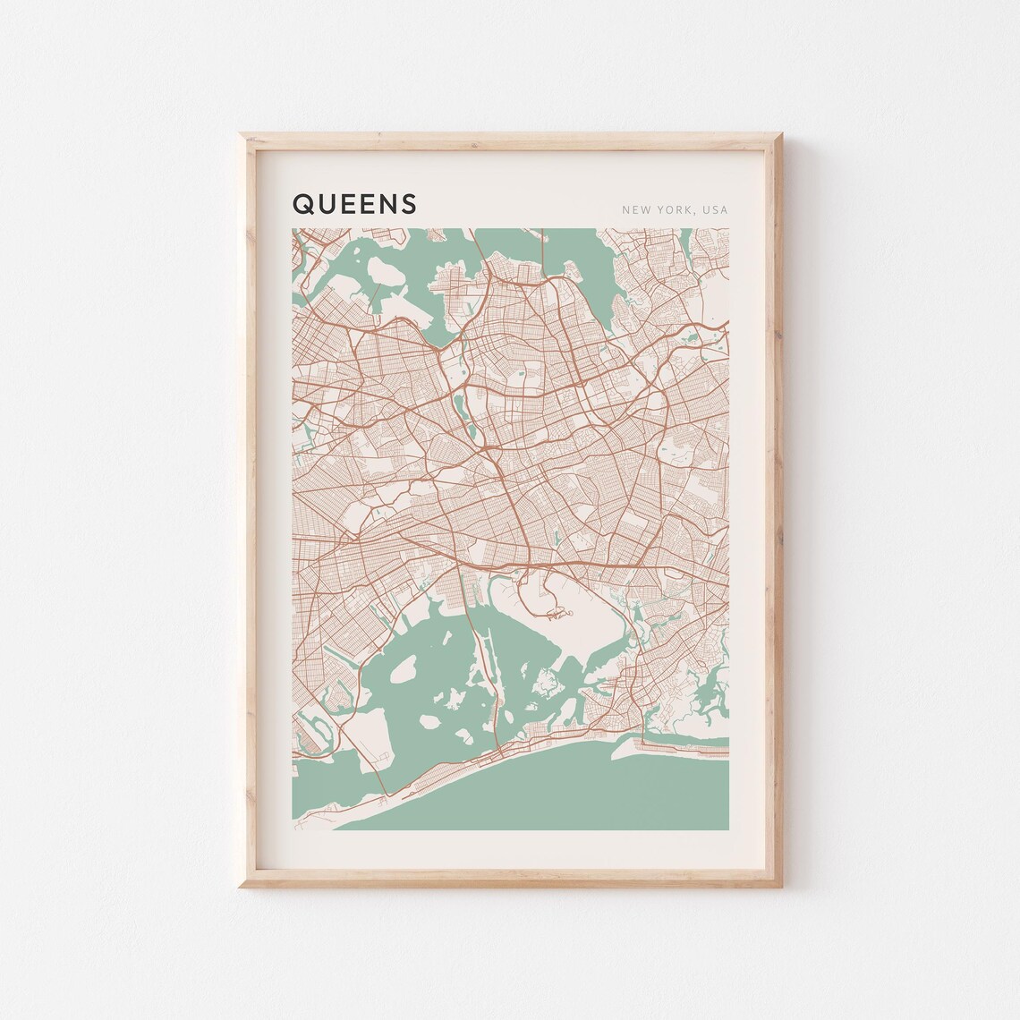 Queens New York USA Modern Beige Minimal City Street Map Poster