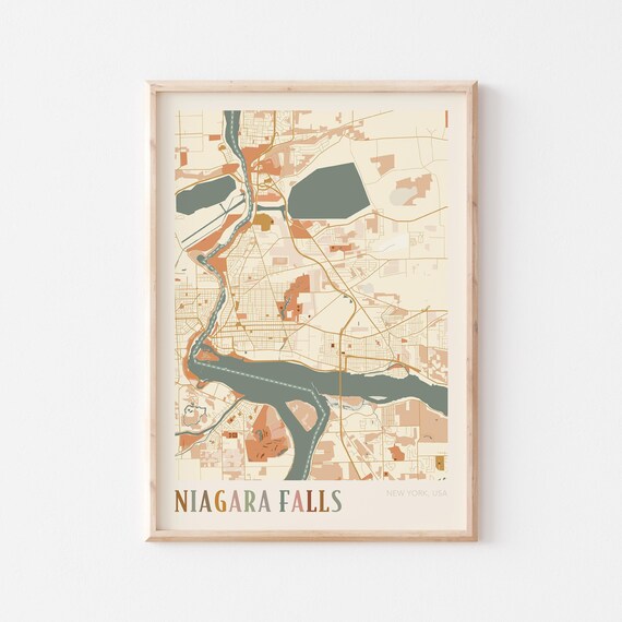 Niagara Falls New York USA Warm Vintage Beige City Street Map Art Poster